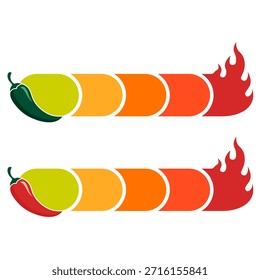 Conjunto de medidores de nível picante com ícones de pimenta verde e vermelho com uma escala de gradiente de cor de suave a extra quente para menus de restaurante embalagem de alimentos e rotulagem de produtos alimentares picantes