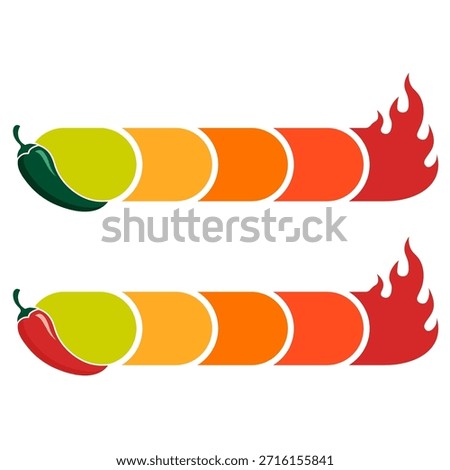 Set of spicy level meters featuring green and red chili icons with a color gradient scale from mild to extra hot for restaurant menus food packaging and spicy food product labeling