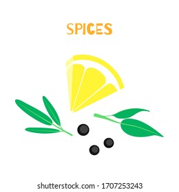 Set of spicy spices and vegetables. Lemon, dried peppercorns, rosemary isolated on white background. Vector illustration in flat style.