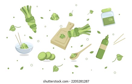 Set of spicy wasabi in cartoon style. Vector illustration of wasabi root, chopped, in a bottle, jar, plate, Japanese additive on white background.