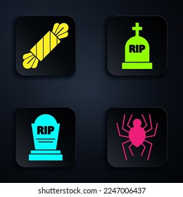 Set Spider , Candy , Tombstone mit RIP und Tombstone mit RIP. Schwarze Quadrat-Taste. Vektorgrafik