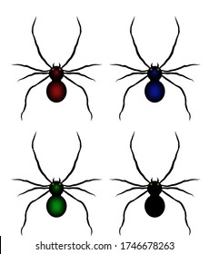Set of spider different colors. Spider icon for web and app. Black Widow spider. Stock vector illustration on white isolated background.