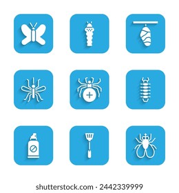 Set Spider, Fly swatter, Insect fly, Centipede, Spray against insects, Mosquito, Butterfly cocoon and  icon. Vector