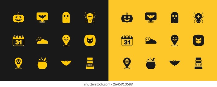 Set Spider, Halloween witch cauldron, Happy holiday, Flying bat, Moon and stars, Ghost, Pumpkin and  icon. Vector