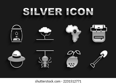 Set Spider, Hiking backpack, Shovel, Lemon, Camping hat, Map of Africa, lantern and African tree icon. Vector