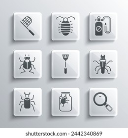 Set Spider in jar, Magnifying glass, Termite, Fly swatter, Beetle bug, Butterfly net and Pressure sprayer icon. Vector