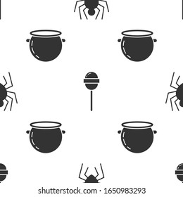Set Spider , Lollipop  and Halloween witch cauldron  on seamless pattern. Vector