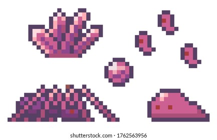 Juego de arañas, monstruo o lima, bola tóxica, obstáculo de cristal. Elemento Pixel, objeto de 8 bits. Símbolo de juego móvil o de ordenador, videojuego de 80 aislado en fondo blanco. Diseño de juegos de píxeles