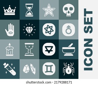 Araña, Mortero y almirez, Marte, Pentagram, Diamante, mano Hamsa, Corona del Rey y icono de las tarjetas Tarot. Vector