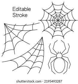 Set of spider, round, corner web spiders with editable stroke. Design template elements for Halloween design. Spooky, scary, horror halloween decor. Vector.