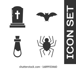 Set Spider , Tombstone with cross , Bottle with potion  and Flying bat  icon. Vector