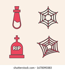 Set Spider web , Bottle with potion , Spider web  and Tombstone with RIP icon. Vector