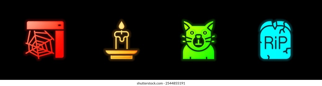 Set Spider web, Burning candle, Cat and Tombstone with RIP written icon. Vector
