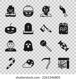 Set Spider web, Candy, Tombstone with RIP written, Zombie mask, Pumpkin,  and Wooden axe icon. Vector