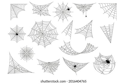 Set of Spider Web, Cobweb Collection, Isolated on White Background. Halloween Spiderwebs with Spiders, Icons for Halloween Decoration. Spooky, Scary Design Elements. Cartoon Vector Illustration