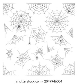 Set of Spider Web, Cobweb for Halloween Decoration, Isolated Collection on White Background. Scary Spiderwebs with Spiders, Spook, Design Elements. Cartoon Vector Illustration, Icons, Clipart