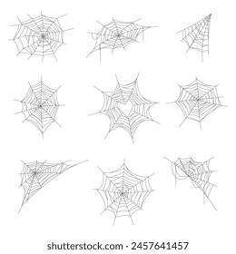 Set Spider Web Decorative Ornament Element Collection. Editable Line. Adjustable Stroke Width.