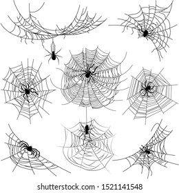 Set of spider web of different shapes with black spiders isolated, Halloween decorations, vector illustration