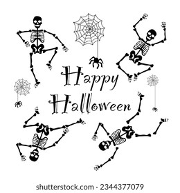 Set of Dancing Skeletons for Halloween Fancy Elements Spider Web, Skeletons. Halloween Elements on white Background. Website Spooky, Background or Banner 