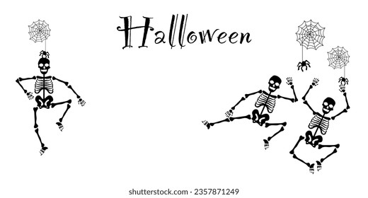 Set of Dancing Skeletons for Halloween Fancy Elements Spider Web, Skeletons. Halloween Elements on white Background. Website Spooky, Background or Banner 