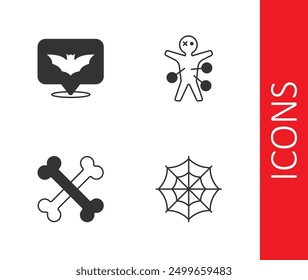 Set Spider web, Flying bat, Crossed bones and Voodoo doll icon. Vector