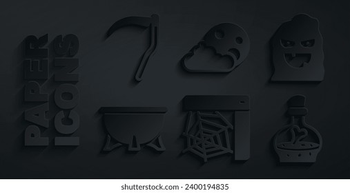 Set Spider web, Funny and scary ghost mask, Halloween witch cauldron, Bottle with potion, Moon stars and Scythe icon. Vector