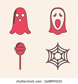 Set Spider web , Ghost , Funny and scary ghost mask for Halloween  and Lollipop  icon. Vector