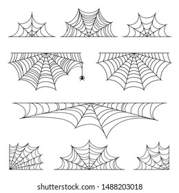 Set of spider web for Halloween. Halloween cobweb, frames and borders, scary elements for decoration. Hand drawn spider web or cobweb with hanging spider. Vector