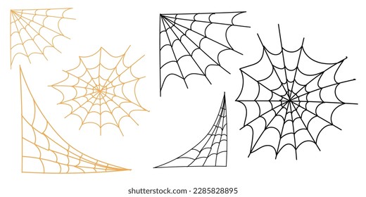 Set of spider web for Halloween. Halloween cobweb, frames and borders, scary elements for decoration. Hand drawn spider web or cobweb with hanging spider. Vector