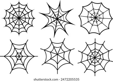 Set of spider web, Halloween cobweb, frames and borders, scary elements for decoration. Hand drawn spider web or cobweb with hanging spider. Vector