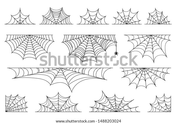 Set of spider web for Halloween.\
Halloween cobweb, frames and borders, scary elements for\
decoration. Hand drawn spider web or cobweb with hanging spider.\
Vector