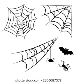 Set of spider web for halloween design. Web with spiders and a bat.