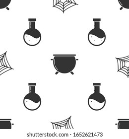 Set Spider web , Halloween witch cauldron  and Bottle with potion  on seamless pattern. Vector