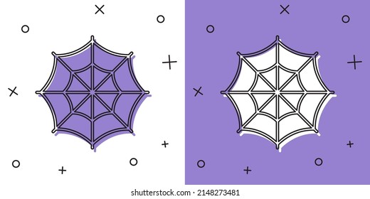 Set Spider web icon isolated on white and purple background. Cobweb sign. Happy Halloween party.  Vector