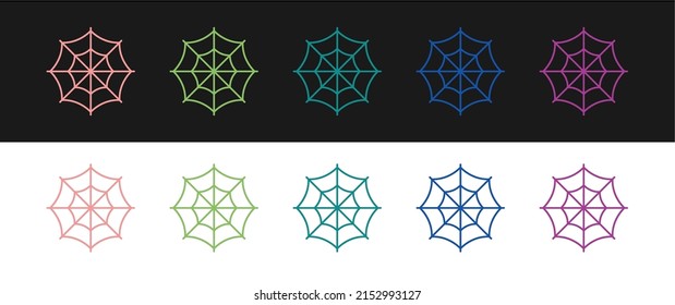 Set Spider web icon isolated on black and white background. Cobweb sign. Happy Halloween party.  Vector