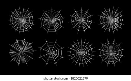 Set with spider web icons. Halloween decoration with cobweb. Spiderweb flat vector illustration. Isolated graphic. Horror, fear and creepy cartoon art concept. Net outline sketch on black background.