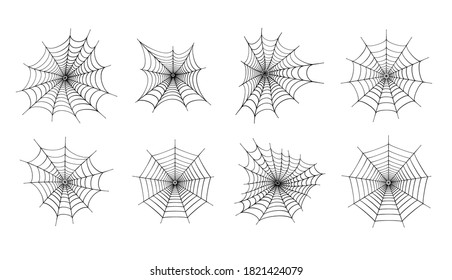 Set with spider web icons. Halloween decoration with cobweb. Spiderweb flat vector illustration. Isolated graphic. Horror, fear and creepy cartoon art concept. Net outline sketch on white background.