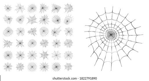 Set with spider web icons. Halloween decoration with cobweb. Spiderweb flat vector illustration. Isolated graphic. Horror, fear and creepy cartoon art concept. Net outline sketch on white background.
