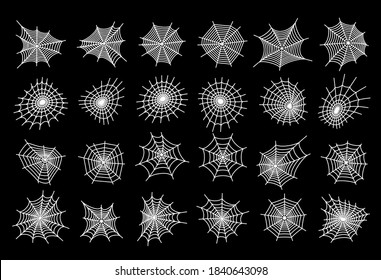 Fijado con iconos de telaraña. Decoración de Halloween con telaraña. Ilustración vectorial plana de Spiderweb. Gráfico aislado. Horror, miedo y el espeluznante concepto de arte de caricaturas. Esbozo de esquema neto sobre fondo negro.