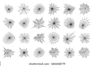 Set with spider web icons. Halloween decoration with cobweb. Spiderweb flat vector illustration. Isolated graphic. Horror, fear and creepy cartoon art concept. Net outline sketch on white background.