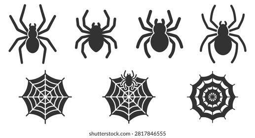 set of spider and spider web icons vector art illustration on transparent background