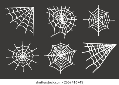 Set of spider web icons in white silhouette style with different web shapes isolated on dark background perfect for halloween decoration spooky design and holiday graphic elements