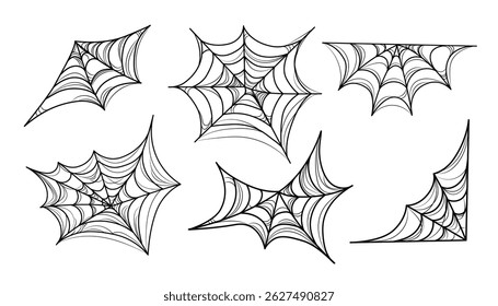 Set of spider web illustrations set in black and white including center and corner cobwebs ideal for Halloween designs, spooky decor, invitations, posters, digital projects.Vector Creepy Spider Web