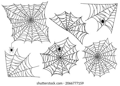 Set spider web isolated on white background. Spooky Halloween cobwebs with spiders. Outline vector illustration. Design element.