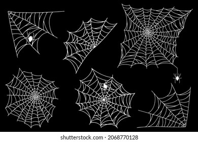 Set spider web isolated on black background. Spooky Halloween cobwebs with spiders. Outline vector illustration. Design element.