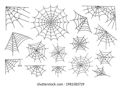 Set of spider web and little hanging spider simple hand drawn vector outline illustration of doodle fancy Halloween scary decor elements, clipart perfect for Halloween party, cartoon spooky character