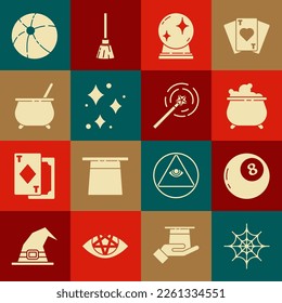 Set Spider web, Magic ball of predictions, Witch cauldron, Sparkle stars with magical glitter, Beach and wand icon. Vector
