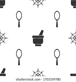 Set Spider web, Magic mortar and pestle and Magic hand mirror on seamless pattern. Vector
