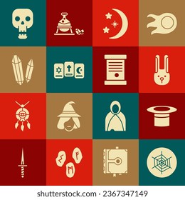 Set Spider web, sombrero mago, conejo con orejas, luna y estrellas, tres cartas tarot, piedra, cráneo y decreto, papel, pergamino, icono de desplazamiento. Vector