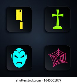 Set Spider web , Meat chopper , Vampire  and Tombstone with cross . Black square button. Vector